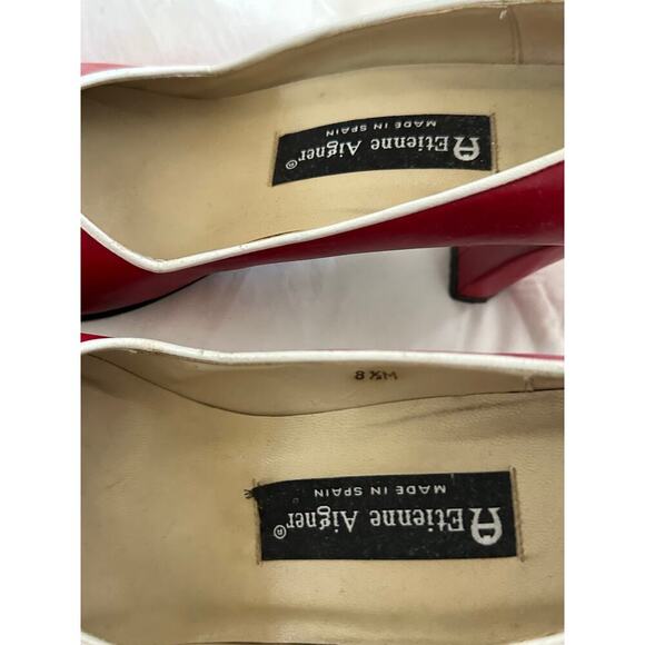Vintage Etienne Aigner Women's Red White Daley Leather Peep Toe Heels Size 8.5 - Picture 5 of 9